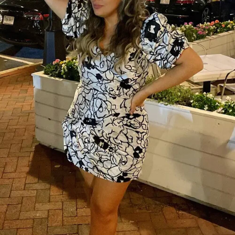 Ronny Kobo Black Floral Mini Dress Size 12 Puff Sleeve Ruche Party Designer $370 - Picture 8 of 12